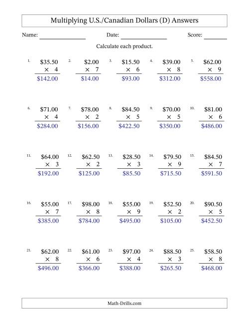 The Mulitplying U.S./Canadian Dollars (0.50 to 99.50) in Increments of Fifty Cents by One-Digit Multipliers (D) Math Worksheet Page 2