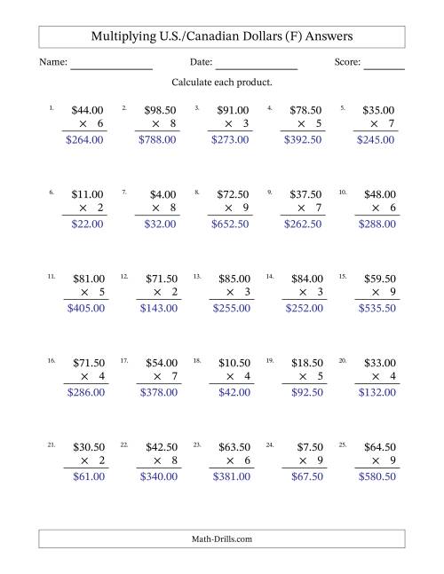 The Mulitplying U.S./Canadian Dollars (0.50 to 99.50) in Increments of Fifty Cents by One-Digit Multipliers (F) Math Worksheet Page 2