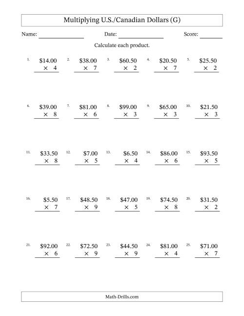 The Mulitplying U.S./Canadian Dollars (0.50 to 99.50) in Increments of Fifty Cents by One-Digit Multipliers (G) Math Worksheet