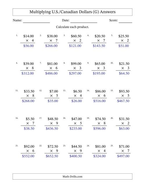 The Mulitplying U.S./Canadian Dollars (0.50 to 99.50) in Increments of Fifty Cents by One-Digit Multipliers (G) Math Worksheet Page 2