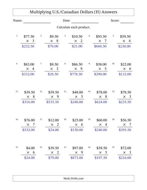 The Mulitplying U.S./Canadian Dollars (0.50 to 99.50) in Increments of Fifty Cents by One-Digit Multipliers (H) Math Worksheet Page 2