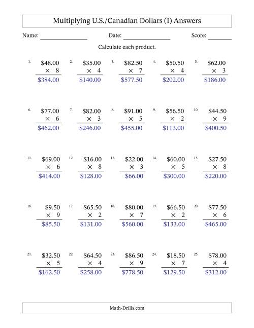 The Mulitplying U.S./Canadian Dollars (0.50 to 99.50) in Increments of Fifty Cents by One-Digit Multipliers (I) Math Worksheet Page 2