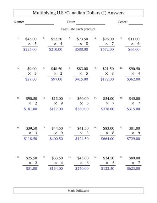 The Mulitplying U.S./Canadian Dollars (0.50 to 99.50) in Increments of Fifty Cents by One-Digit Multipliers (J) Math Worksheet Page 2