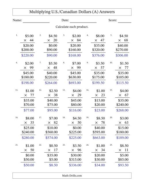 The Mulitplying U.S./Canadian Dollars (0.50 to 9.50) in Increments of Fifty Cents by Two-Digit Multipliers (A) Math Worksheet Page 2