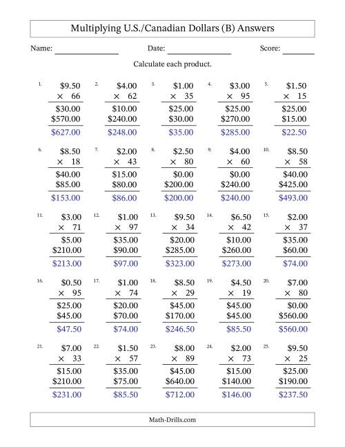 The Mulitplying U.S./Canadian Dollars (0.50 to 9.50) in Increments of Fifty Cents by Two-Digit Multipliers (B) Math Worksheet Page 2