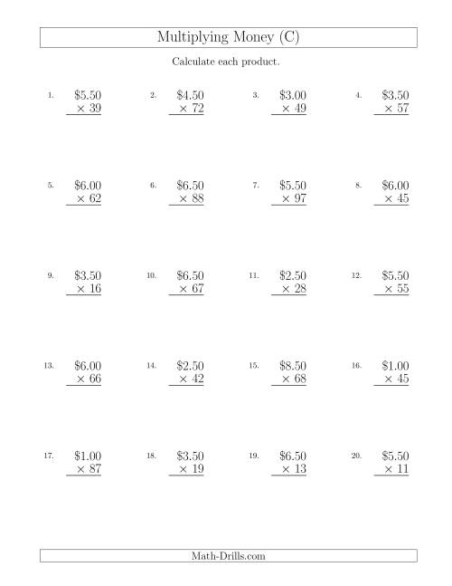 The Multiplying Dollar Amounts in Increments of 50 Cents by Two-Digit Multipliers (U.S. and Canada) (C) Math Worksheet
