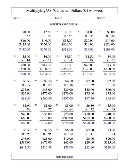 The Mulitplying U.S./Canadian Dollars (0.50 to 9.50) in Increments of Fifty Cents by Two-Digit Multipliers (C) Math Worksheet Page 2