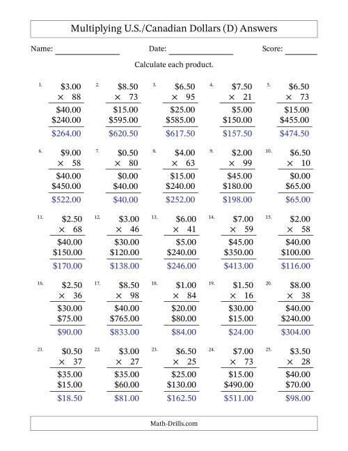 The Mulitplying U.S./Canadian Dollars (0.50 to 9.50) in Increments of Fifty Cents by Two-Digit Multipliers (D) Math Worksheet Page 2