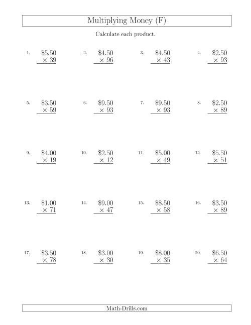 The Multiplying Dollar Amounts in Increments of 50 Cents by Two-Digit Multipliers (U.S. and Canada) (F) Math Worksheet