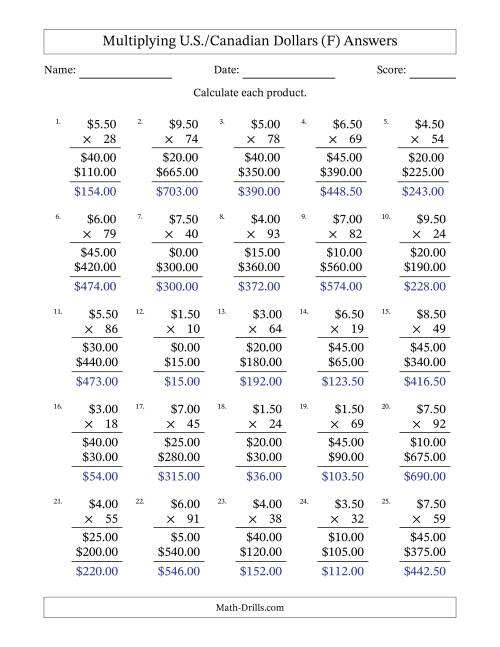 The Mulitplying U.S./Canadian Dollars (0.50 to 9.50) in Increments of Fifty Cents by Two-Digit Multipliers (F) Math Worksheet Page 2