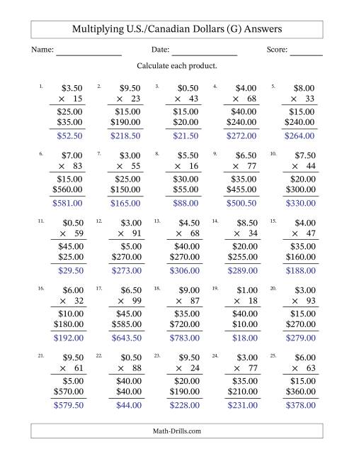 The Mulitplying U.S./Canadian Dollars (0.50 to 9.50) in Increments of Fifty Cents by Two-Digit Multipliers (G) Math Worksheet Page 2