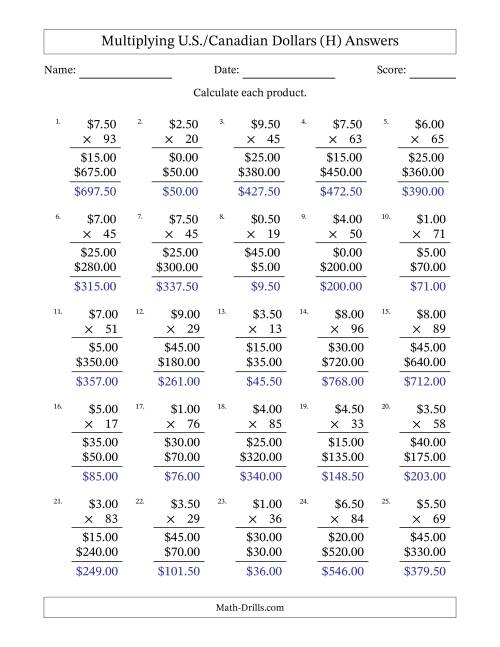 The Mulitplying U.S./Canadian Dollars (0.50 to 9.50) in Increments of Fifty Cents by Two-Digit Multipliers (H) Math Worksheet Page 2