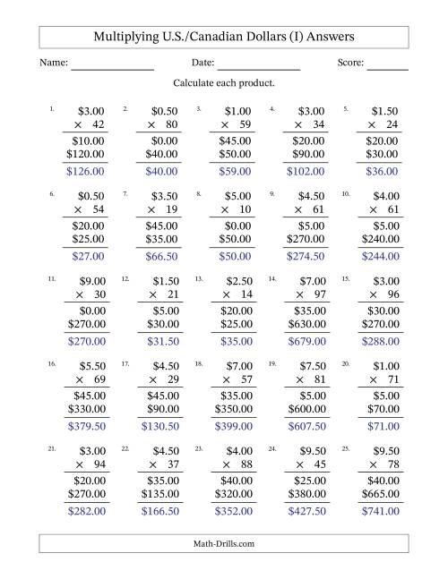 The Mulitplying U.S./Canadian Dollars (0.50 to 9.50) in Increments of Fifty Cents by Two-Digit Multipliers (I) Math Worksheet Page 2