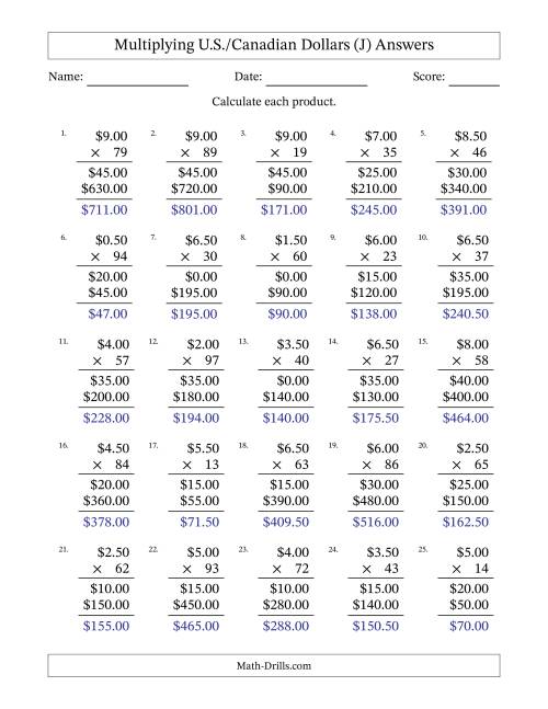 The Mulitplying U.S./Canadian Dollars (0.50 to 9.50) in Increments of Fifty Cents by Two-Digit Multipliers (J) Math Worksheet Page 2