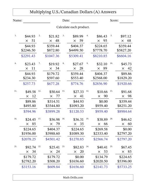 The Mulitplying U.S./Canadian Dollars (10.00 to 99.99) in Increments of One Cent by Two-Digit Multipliers (A) Math Worksheet Page 2