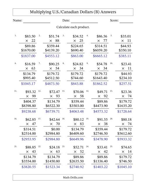 The Mulitplying U.S./Canadian Dollars (10.00 to 99.99) in Increments of One Cent by Two-Digit Multipliers (B) Math Worksheet Page 2