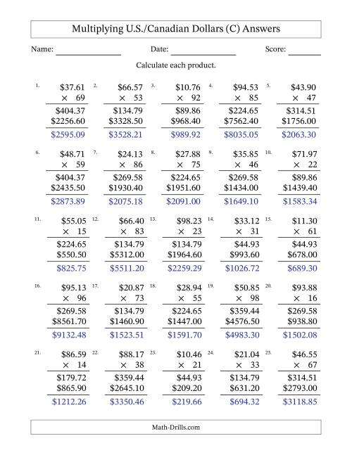 The Mulitplying U.S./Canadian Dollars (10.00 to 99.99) in Increments of One Cent by Two-Digit Multipliers (C) Math Worksheet Page 2