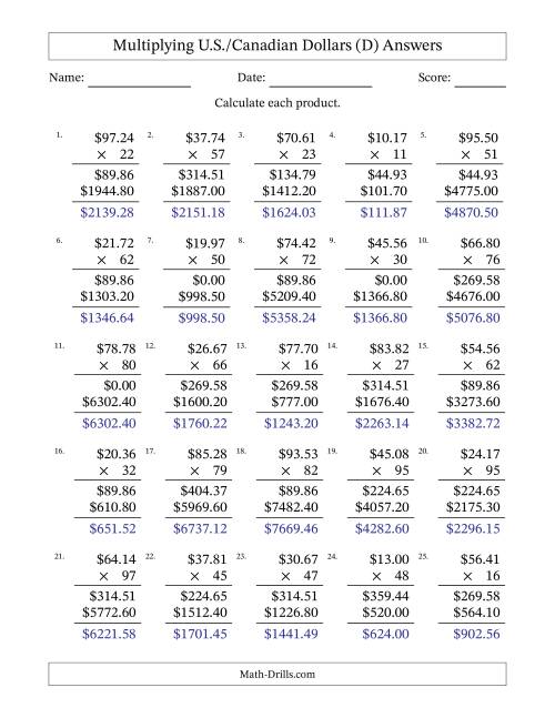 The Mulitplying U.S./Canadian Dollars (10.00 to 99.99) in Increments of One Cent by Two-Digit Multipliers (D) Math Worksheet Page 2