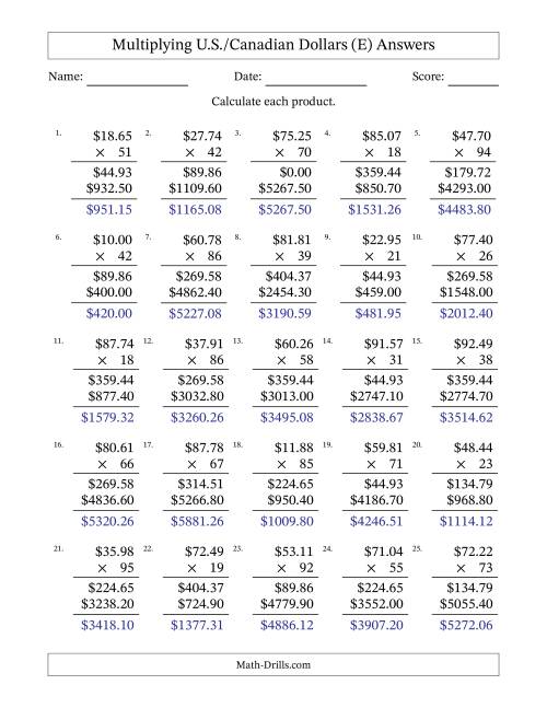 The Mulitplying U.S./Canadian Dollars (10.00 to 99.99) in Increments of One Cent by Two-Digit Multipliers (E) Math Worksheet Page 2