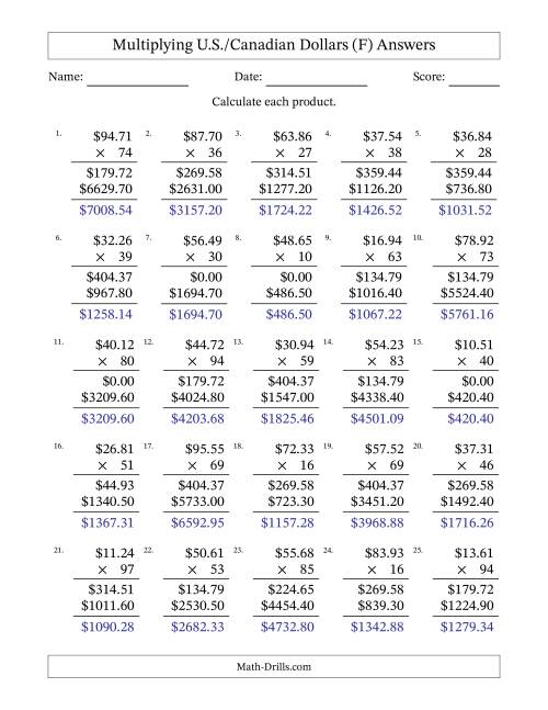 The Mulitplying U.S./Canadian Dollars (10.00 to 99.99) in Increments of One Cent by Two-Digit Multipliers (F) Math Worksheet Page 2