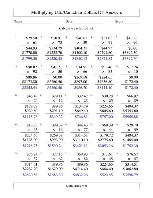 The Mulitplying U.S./Canadian Dollars (10.00 to 99.99) in Increments of One Cent by Two-Digit Multipliers (G) Math Worksheet Page 2