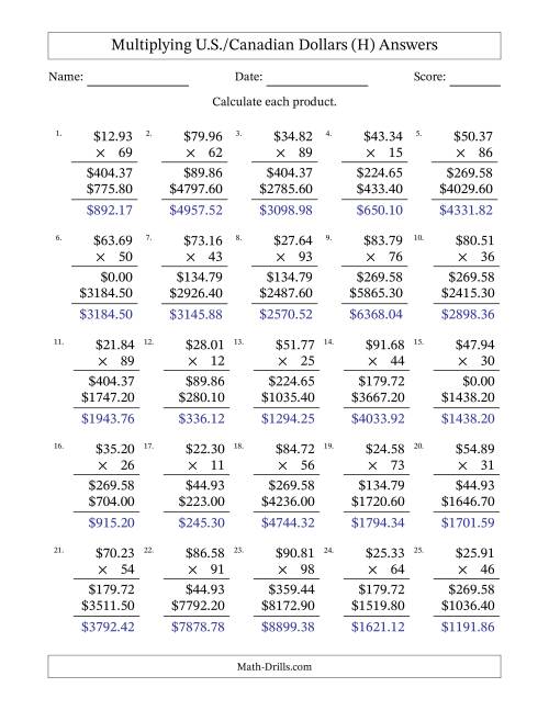 The Mulitplying U.S./Canadian Dollars (10.00 to 99.99) in Increments of One Cent by Two-Digit Multipliers (H) Math Worksheet Page 2