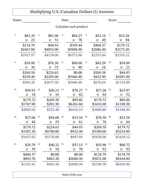 The Mulitplying U.S./Canadian Dollars (10.00 to 99.99) in Increments of One Cent by Two-Digit Multipliers (I) Math Worksheet Page 2