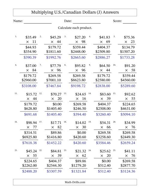 The Mulitplying U.S./Canadian Dollars (10.00 to 99.99) in Increments of One Cent by Two-Digit Multipliers (J) Math Worksheet Page 2