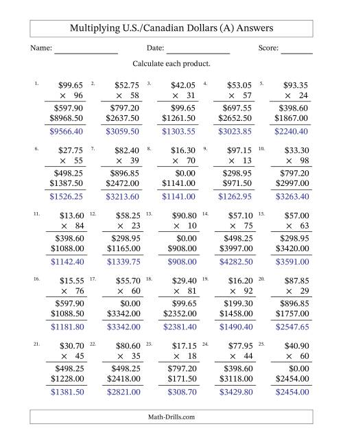 The Mulitplying U.S./Canadian Dollars (10.00 to 99.95) in Increments of Five Cents by Two-Digit Multipliers (A) Math Worksheet Page 2