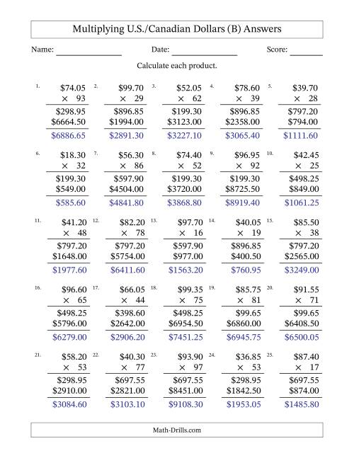 The Mulitplying U.S./Canadian Dollars (10.00 to 99.95) in Increments of Five Cents by Two-Digit Multipliers (B) Math Worksheet Page 2