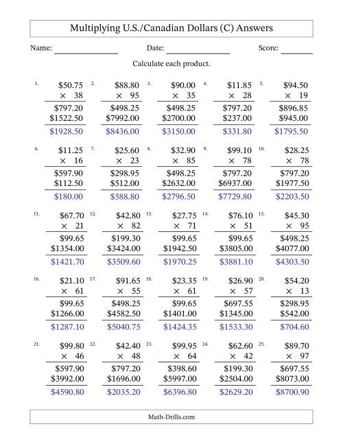 The Mulitplying U.S./Canadian Dollars (10.00 to 99.95) in Increments of Five Cents by Two-Digit Multipliers (C) Math Worksheet Page 2