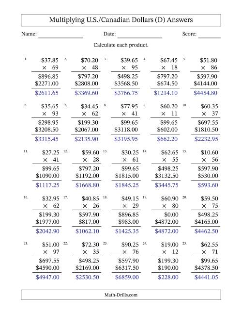 The Mulitplying U.S./Canadian Dollars (10.00 to 99.95) in Increments of Five Cents by Two-Digit Multipliers (D) Math Worksheet Page 2