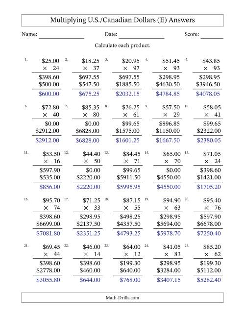 The Mulitplying U.S./Canadian Dollars (10.00 to 99.95) in Increments of Five Cents by Two-Digit Multipliers (E) Math Worksheet Page 2