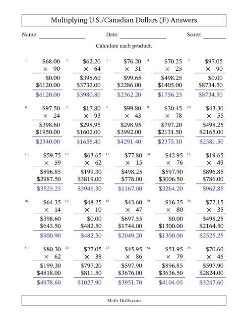 The Mulitplying U.S./Canadian Dollars (10.00 to 99.95) in Increments of Five Cents by Two-Digit Multipliers (F) Math Worksheet Page 2