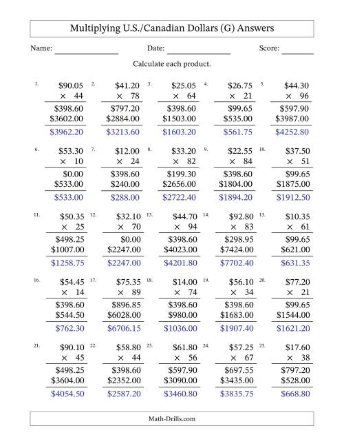 The Mulitplying U.S./Canadian Dollars (10.00 to 99.95) in Increments of Five Cents by Two-Digit Multipliers (G) Math Worksheet Page 2