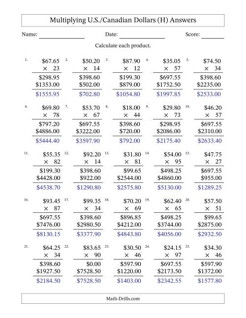 The Mulitplying U.S./Canadian Dollars (10.00 to 99.95) in Increments of Five Cents by Two-Digit Multipliers (H) Math Worksheet Page 2