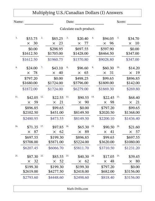 The Mulitplying U.S./Canadian Dollars (10.00 to 99.95) in Increments of Five Cents by Two-Digit Multipliers (I) Math Worksheet Page 2