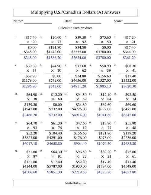 The Mulitplying U.S./Canadian Dollars (10.00 to 99.90) in Increments of Ten Cents by Two-Digit Multipliers (A) Math Worksheet Page 2