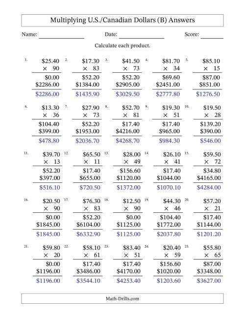 The Mulitplying U.S./Canadian Dollars (10.00 to 99.90) in Increments of Ten Cents by Two-Digit Multipliers (B) Math Worksheet Page 2