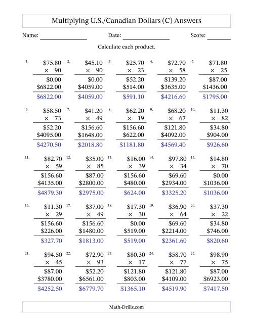 The Mulitplying U.S./Canadian Dollars (10.00 to 99.90) in Increments of Ten Cents by Two-Digit Multipliers (C) Math Worksheet Page 2