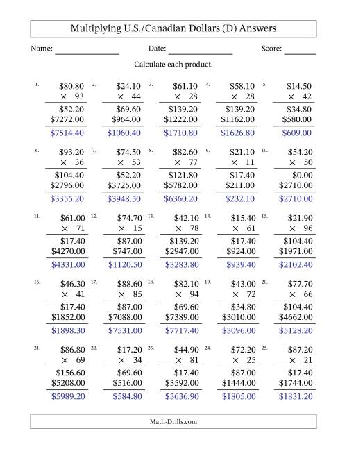 The Mulitplying U.S./Canadian Dollars (10.00 to 99.90) in Increments of Ten Cents by Two-Digit Multipliers (D) Math Worksheet Page 2