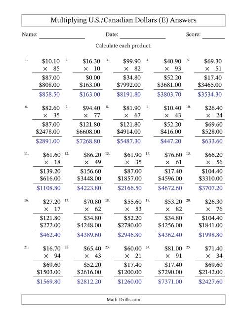 The Mulitplying U.S./Canadian Dollars (10.00 to 99.90) in Increments of Ten Cents by Two-Digit Multipliers (E) Math Worksheet Page 2