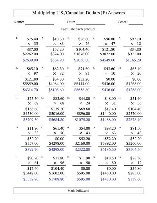 The Mulitplying U.S./Canadian Dollars (10.00 to 99.90) in Increments of Ten Cents by Two-Digit Multipliers (F) Math Worksheet Page 2