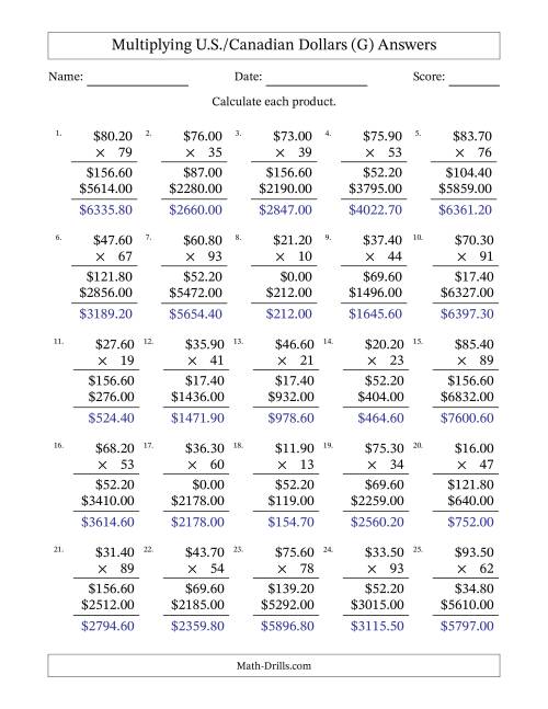 The Mulitplying U.S./Canadian Dollars (10.00 to 99.90) in Increments of Ten Cents by Two-Digit Multipliers (G) Math Worksheet Page 2