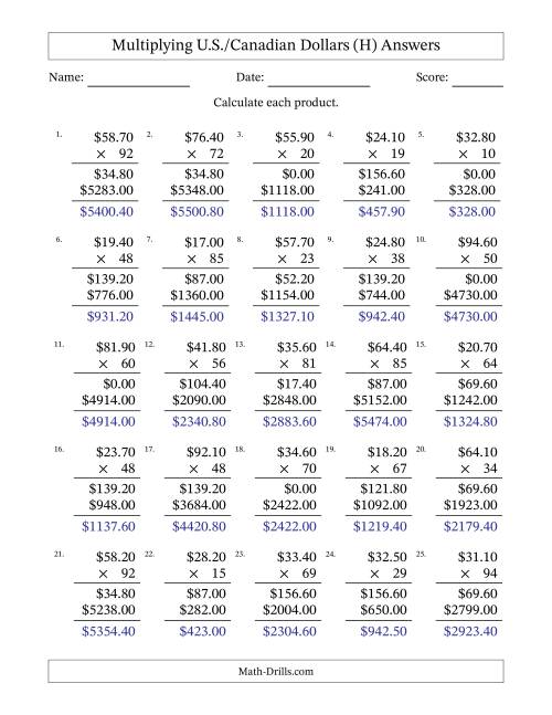 The Mulitplying U.S./Canadian Dollars (10.00 to 99.90) in Increments of Ten Cents by Two-Digit Multipliers (H) Math Worksheet Page 2