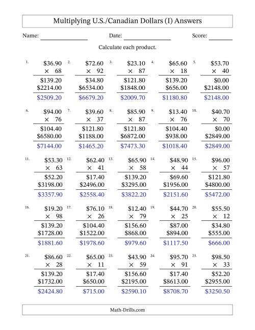 The Mulitplying U.S./Canadian Dollars (10.00 to 99.90) in Increments of Ten Cents by Two-Digit Multipliers (I) Math Worksheet Page 2