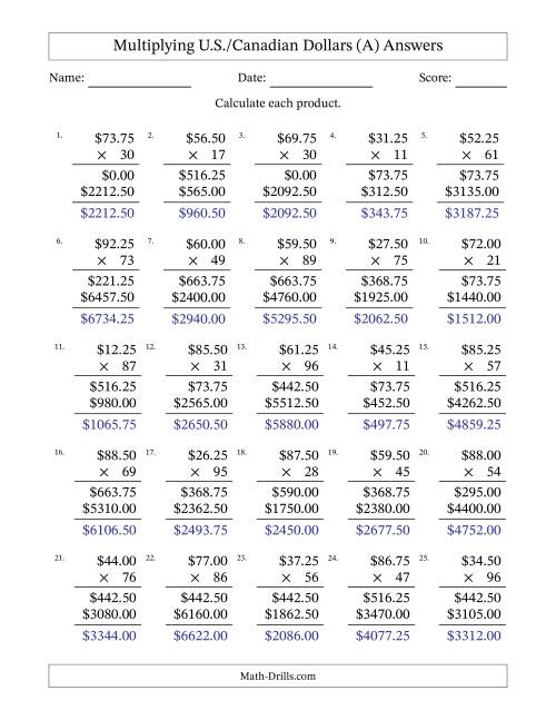 The Mulitplying U.S./Canadian Dollars (10.00 to 99.75) in Increments of Twenty-Five Cents by Two-Digit Multipliers (A) Math Worksheet Page 2