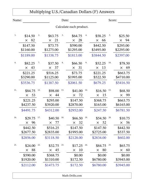 The Mulitplying U.S./Canadian Dollars (10.00 to 99.75) in Increments of Twenty-Five Cents by Two-Digit Multipliers (F) Math Worksheet Page 2