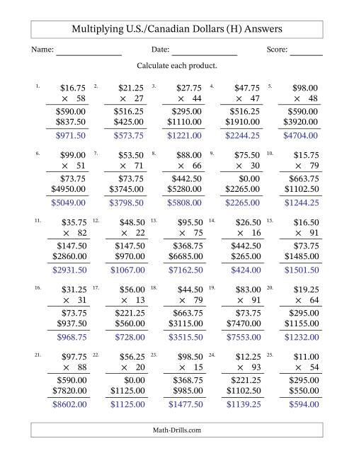 The Mulitplying U.S./Canadian Dollars (10.00 to 99.75) in Increments of Twenty-Five Cents by Two-Digit Multipliers (H) Math Worksheet Page 2