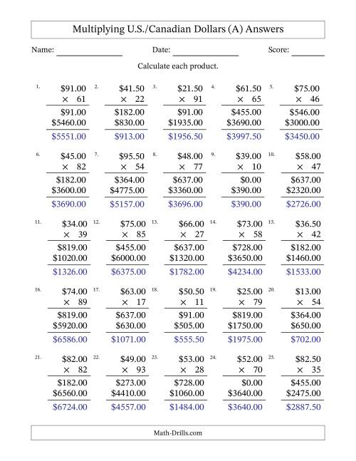 The Mulitplying U.S./Canadian Dollars (10.00 to 99.50) in Increments of Fifty Cents by Two-Digit Multipliers (A) Math Worksheet Page 2